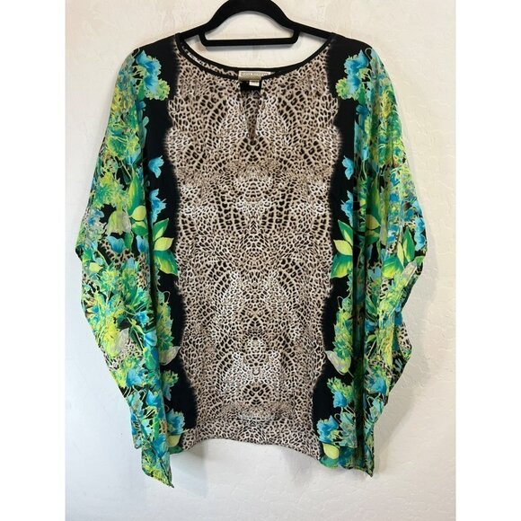 Dana Buchman XL Poncho Blouse Animal Print Meets Blue Green Black Floral Print C - Picture 2 of 6